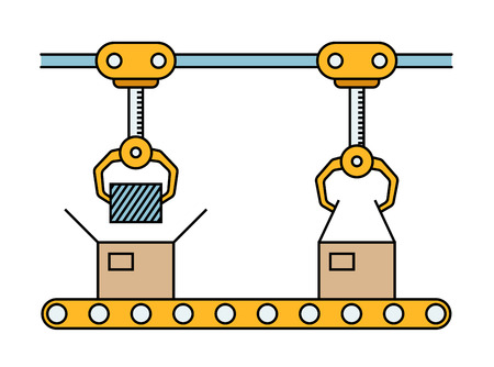 Thin line style assembly line. Automatic production conveyor. Robotic industry concept. Vector illustration.のイラスト素材