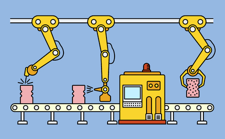 Thin line style assembly line. Automatic production conveyor. Robotic industry concept. Vector illustration.のイラスト素材
