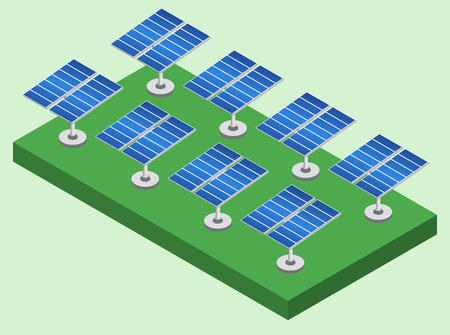 Solar panels plant. Solar energy station isometric. Set of solar panel. Vector illustration.のイラスト素材