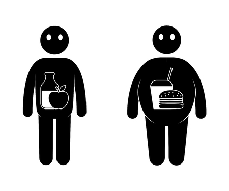 Fat and thin man icons. Normal weight and overweight man. Natural food and unhealtry nutrition concept. Vector illustration.のイラスト素材