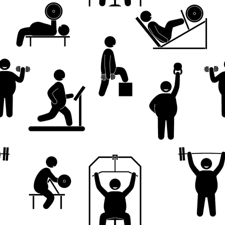 Fat man fitness training. Seamless background. Gym cardio strength exercise. Body building. Healthy training. Vector illustrationのイラスト素材