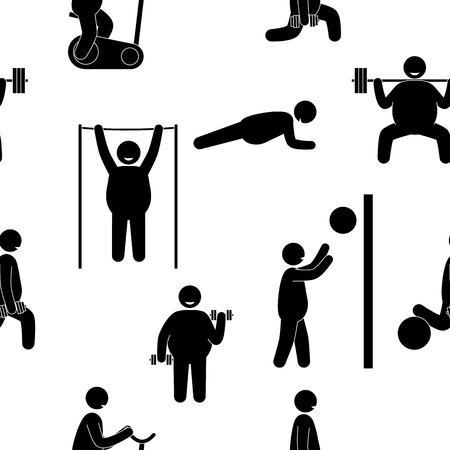 Fat man fitness training. Seamless background. Gym cardio strength exercise. Body building. Healthy training. Vector illustrationのイラスト素材