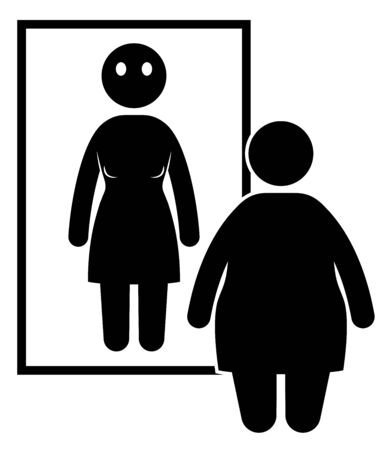 Obese woman standing at the mirror. Normal weight and overweight woman. Vector illustration.のイラスト素材