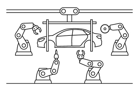 Thin line style car assembly line. Automatic auto production conveyor. Robotic car machinery industry concept. Vector illustration.のイラスト素材