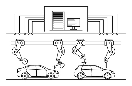 Thin line style car assembly line. Automatic auto production conveyor. Robotic car machinery industry concept. Vector illustration.のイラスト素材