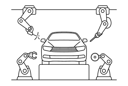 Thin line style car assembly line. Automatic auto production conveyor. Robotic car machinery industry concept. Vector illustration.のイラスト素材
