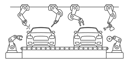 Thin line style car assembly line. Automatic auto production conveyor. Robotic car machinery industry concept. Vector illustration.のイラスト素材