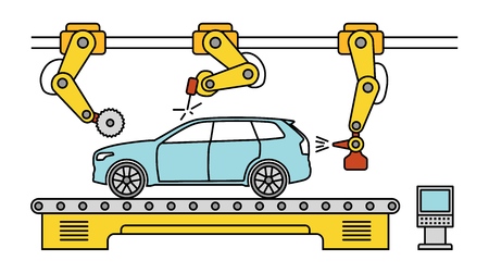 Thin line style car assembly line. Automatic auto production conveyor. Robotic car machinery industry concept.のイラスト素材