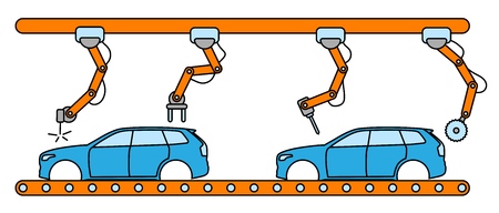Thin line style car assembly line. Automatic auto production conveyor. Robotic car machinery industry concept.のイラスト素材