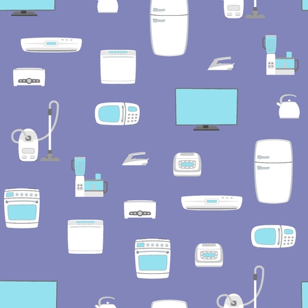 Home appliance set seamless background. TV, refrigerator, conditioner, dishwasher, oven, kettle, iron, multicooker, blender mixer vacuum cleaner washing machine microwave toster Vector illustratoinのイラスト素材