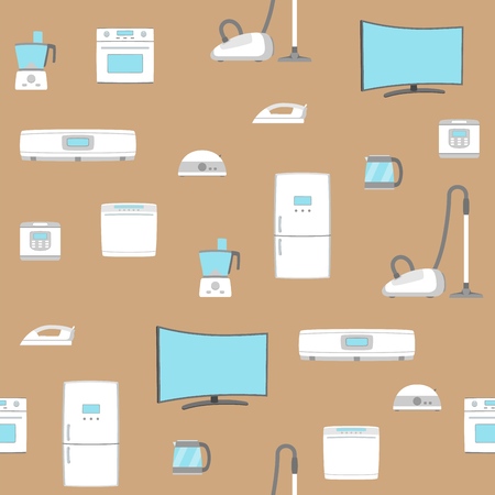 Home appliance set seamless background. TV, refrigerator, conditioner, dishwasher, oven, kettle, iron, multicooker, blender mixer vacuum cleaner washing machine microwave toster Vector illustratoinのイラスト素材