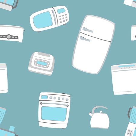 Kitchen appliance set seamless background. Refrigerator, dishwasher, oven, kettle, multicooker, blender mixer microwave toster Vector illustrationのイラスト素材