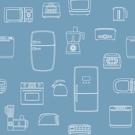 Kitchen appliance set seamless background. Refrigerator, dishwasher, oven, kettle, multicooker, blender mixer microwave toster Vector illustrationのイラスト素材