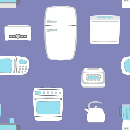 Kitchen appliance set seamless background. Refrigerator, dishwasher, oven, kettle, multicooker, blender mixer microwave toster Vector illustrationのイラスト素材