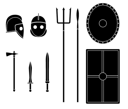 Gladiator weapons and armors set. Ancient warrior equipment. Gladius, dagger, trident, spear, helmet shield Vector illustrationのイラスト素材