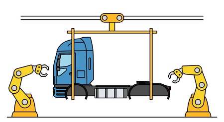 Thin line style truck assembly line. Automatic transport production conveyor. Robotic truck machinery industry concept. Vector illustration.のイラスト素材
