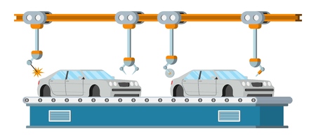 Car assembly line. Automatic auto production conveyor. Robotic car machinery industry concept. Vector illustration.のイラスト素材