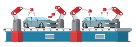 Car assembly line. Automatic auto production conveyor. Robotic car machinery industry concept. Vector illustration.のイラスト素材