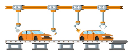 Car assembly line. Automatic auto production conveyor. Robotic car machinery industry concept. Vector illustration.のイラスト素材