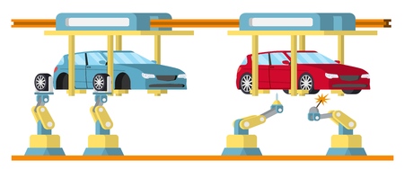 Car assembly line. Automatic auto production conveyor. Robotic car machinery industry concept. Vector illustration.のイラスト素材