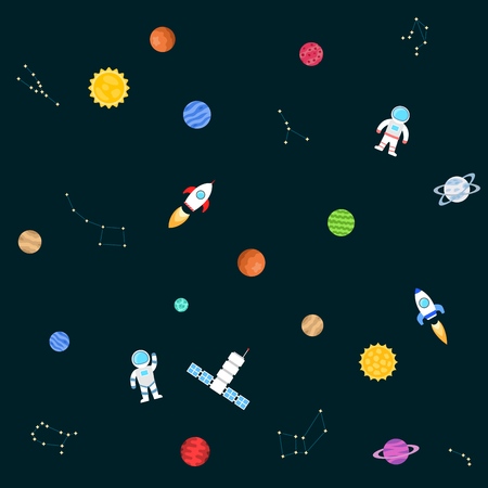 Seamless background of space objects. Planets, stars, constellations, comet, spaceship, ufo, cosmic stations, astronaut. Collection of outer space icons. Vector illustration.のイラスト素材