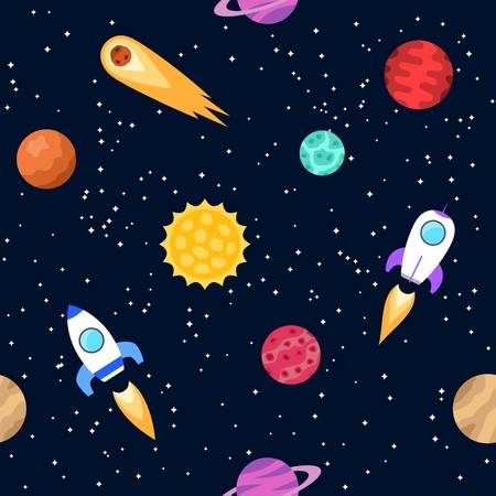 Seamless background of space objects. Planets, spaceship. Collection of outer space icons. Vector illustration.のイラスト素材