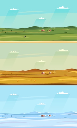 Set of autumn, winter and summer countryside landscapes. Horizontal rural side view landscape. Fields and farm house, sky with clouds. Vector illustration.のイラスト素材