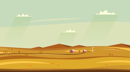 Autumn countryside landscape. Horizontal rural side view landscape. Fields and farm house, sky with clouds. Vector illustration.のイラスト素材