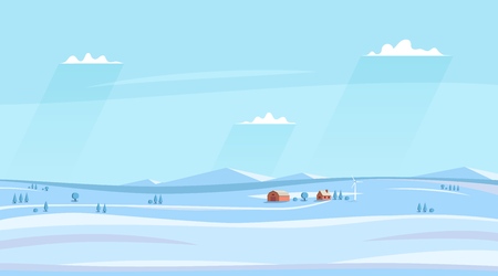 Winter countryside landscape. Horizontal rural side view landscape. Fields and farm house, sky with clouds. Vector illustration.のイラスト素材