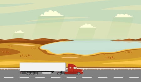 Truck on the road with Autumn rural landscape with lake background.のイラスト素材