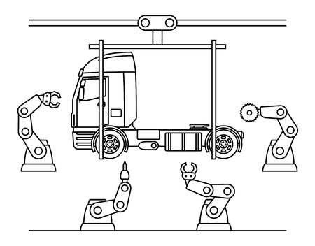 Thin line style truck assembly line. Automatic transport production conveyor. Robotic truck machinery industry concept. Vector illustration.のイラスト素材