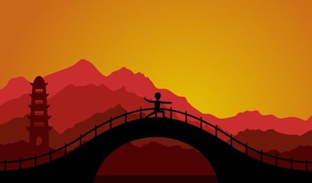 Man performing qigong or taijiquan exercises in the evening. Male person practicing Tai Chi, qi-gong exercises. Ancient Chinese healthcare practice flat style vector illustration.のイラスト素材