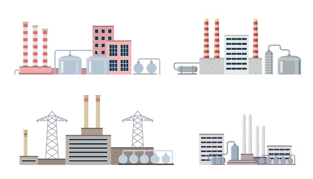 Set of production industrial building isolated on white background. Factory in the flat style. Manufacturing power building. Decorative factory icon. Vector illustration.のイラスト素材