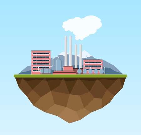 Industrial production building earth background. Factory in the flat style. Manufacturing power building. Decorative factory icon. Vector illustration.のイラスト素材