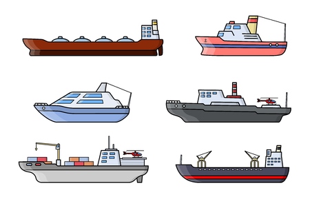 Set of scientific exploration ships. Sea research transportation vehicle. Ocean ship. Vector illustration.のイラスト素材