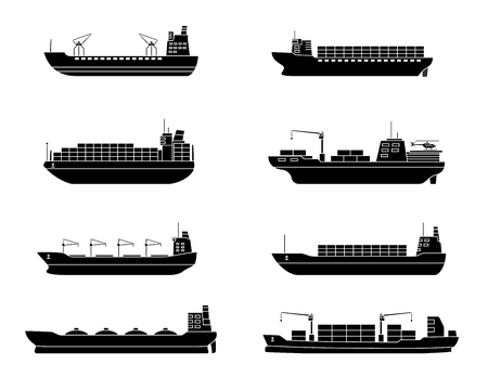 Set of commercial cargo ships. Sea transportation vehicle. Transport boat. International water trade concept. Vector illustration.のイラスト素材
