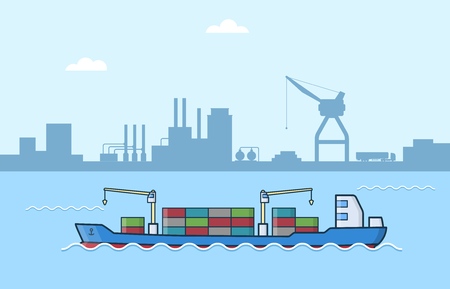 Set of commercial cargo ships. Sea transportation vehicle. Water logistics. Transport boat. International water trade concept. Port background. Vector illustration.のイラスト素材