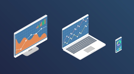 Forex stock chart. Isometry computer, laptop and smartphone with stock data chart. Trading data visualization concept. Vector illustration.のイラスト素材