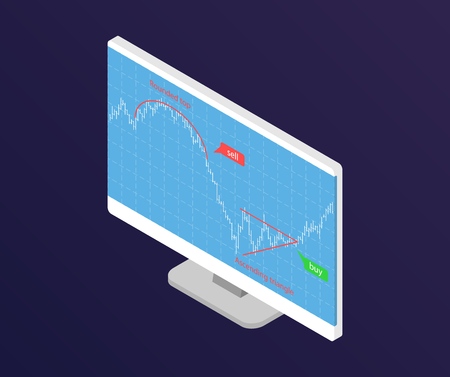 Forex stock chart. Isometry computer, laptop and smartphone with stock data chart. Trading data visualization concept. Vector illustration.のイラスト素材
