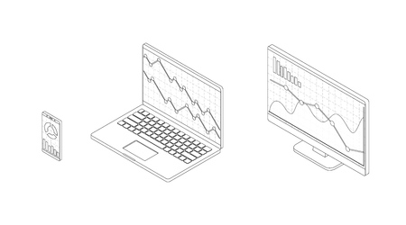 Forex stock chart. Isometry computer, laptop and smartphone with stock data chart. Trading data visualization concept. Vector illustration.のイラスト素材