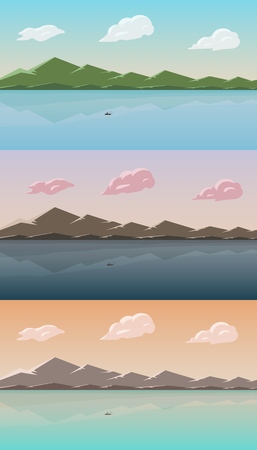 Landscape with lake and mountains. Skies, clouds and water pond. Rural area. Vector illustration.のイラスト素材