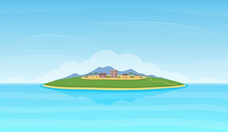 Landscape with island in the ocean. Mountains, skies, clouds hotel buildings. Sea recreation and tourism concept. Vector illustration.のイラスト素材