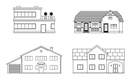 Set of four residention houses. Living cottage set. Apartament building. Home facade with doors and windows. Real estate buildings. Vector illustration.のイラスト素材