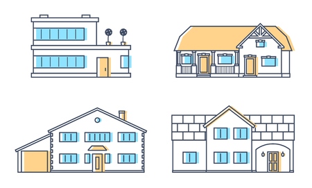 Set of four residention houses. Living cottage set. Apartament building. Home facade with doors and windows. Real estate buildings. Vector illustration.のイラスト素材