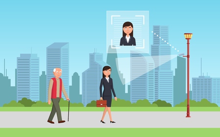 Face recognition concept. People walking street scanning by facial recognition camera. Person identification hardware. Vector illustration.のイラスト素材