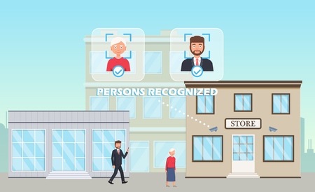 Face recognition concept. People walking street scanning by facial recognition camera. Person identification hardware. Vector illustration.のイラスト素材