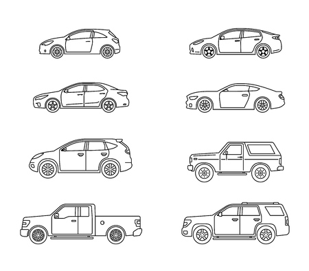 Set of personal cars. Set of automobiles in flat style. Sedan, sport coupe car, hatchback, offroad suv, pickup. Side view. Vector illustration.のイラスト素材