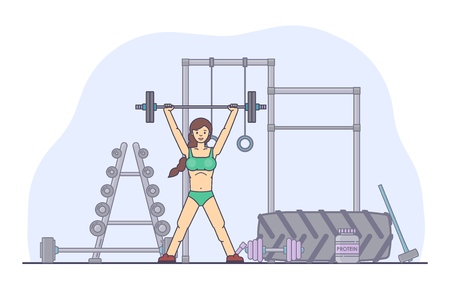 Girl performing crossfit exercises in the gym. Young woman doing workout. Fitness, bodybuilding concept banner. Vector illustration.のイラスト素材