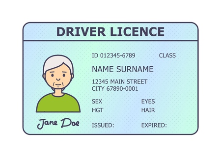 Car driver licence identification. Driving licence plastic card with woman photo. Flat style isolated. Vector illustration.のイラスト素材