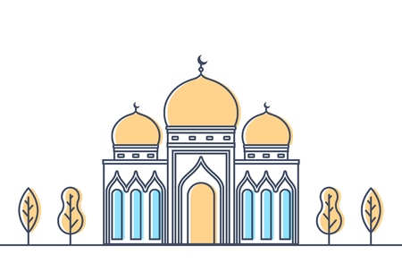 Muslim mosque. Islamic traditional religion minaret building. Islam worship place. Vector illustration.のイラスト素材